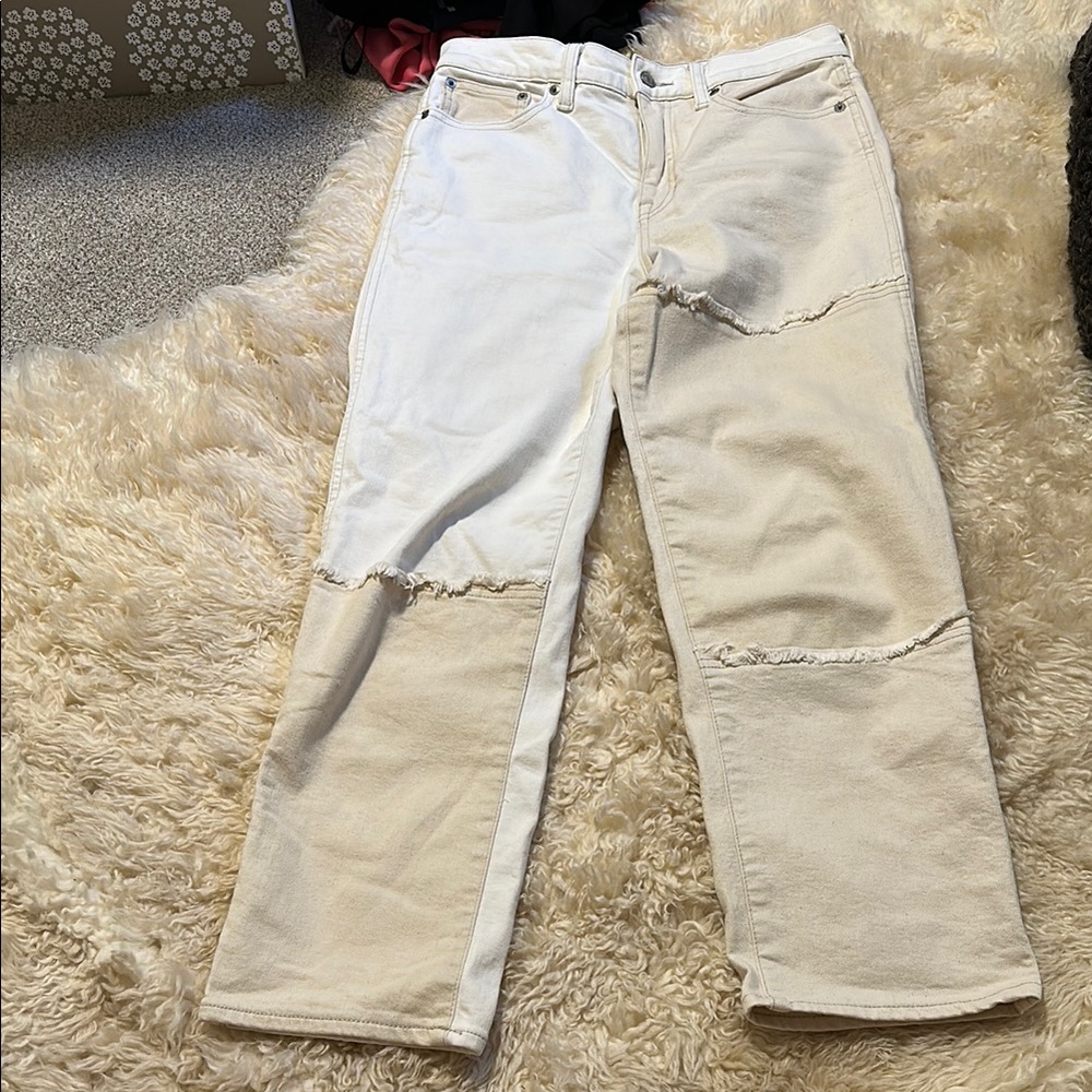 White and Cream Colorblock Straight Leg Jeans
